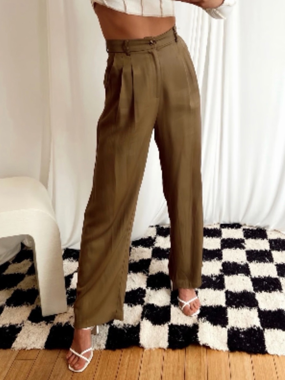 12th Tribe High-Waist Wide-Leg Trouser Pants in Olive